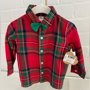 Boy Toddler Size 12M Christmas Plaid Shirt With Green Bow Tie